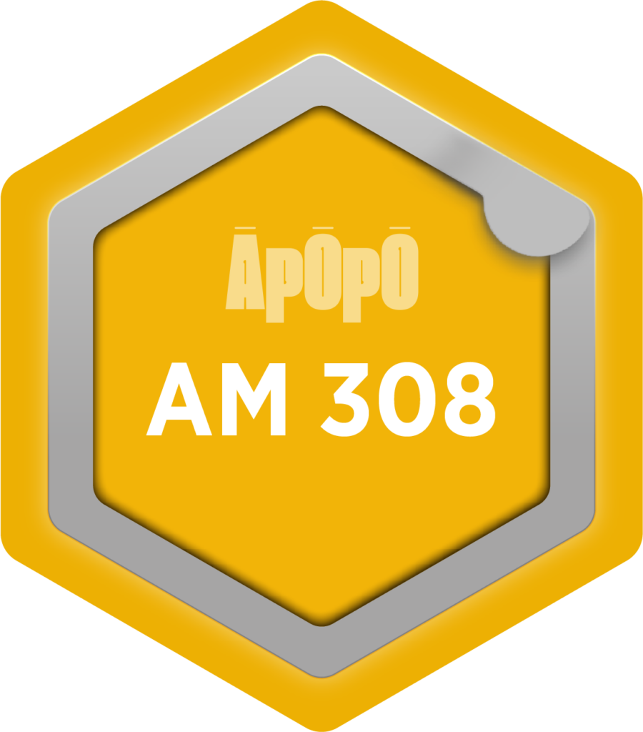 A dark yellow hexagon with the name of the digital badge for Improving Asset Management Maturity, "AM 308", on it in white font, and the Āpōpō logo above.